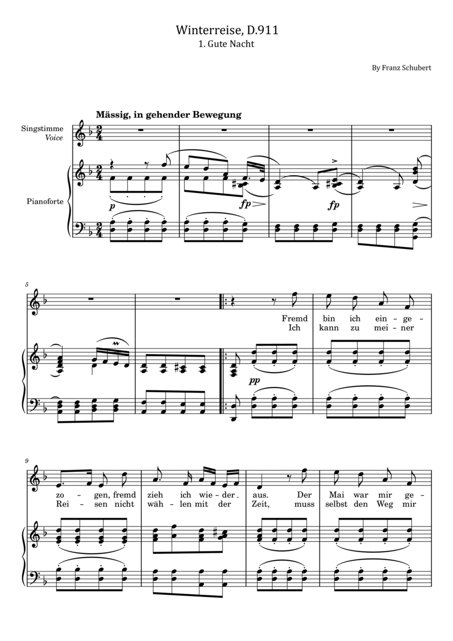 Schubert - Winterreise, D.911 - 1. Gute Nacht - For Piano and Voice With Lyrics Original Voice scores gallery preview page 1