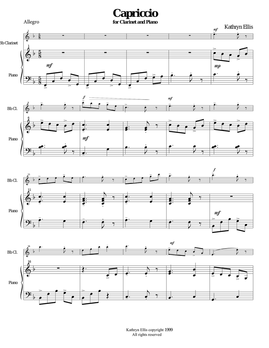 Capriccio for Clarinet and Piano Woodwind Duet scores gallery preview page 1