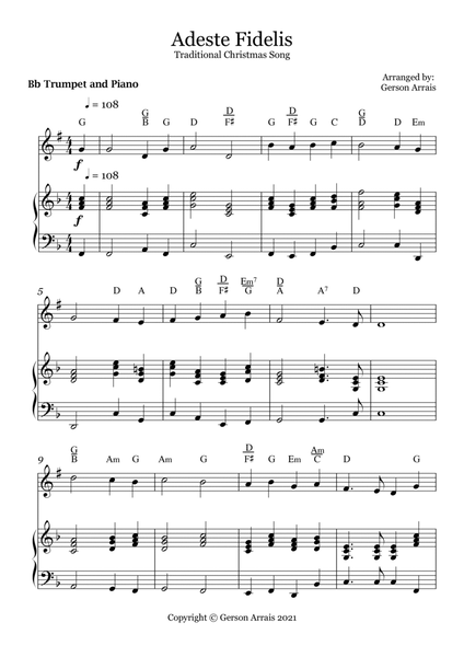 Adeste Fidelis - Traditional Christmas Song - for Bb Trumpet and Piano - Score and Parts image number null