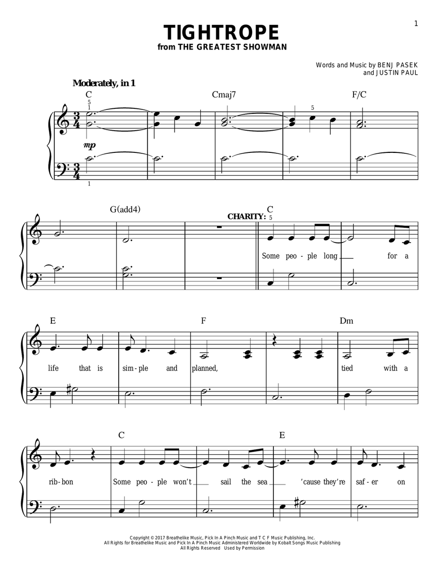 Tightrope (from The Greatest Showman) Easy Piano scores gallery preview page 1