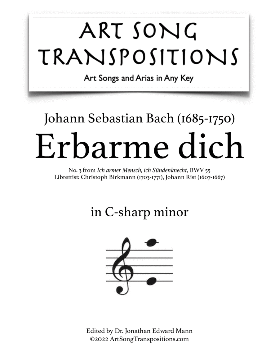 Book cover for BACH: Erbarme dich, BWV 55 (transposed to C-sharp minor)