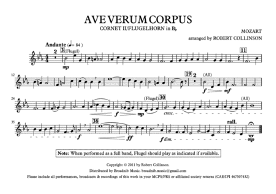 AVE VERUM CORPUS (Mozart) - March card (A5) parts only Brass Ensemble scores gallery preview page 2