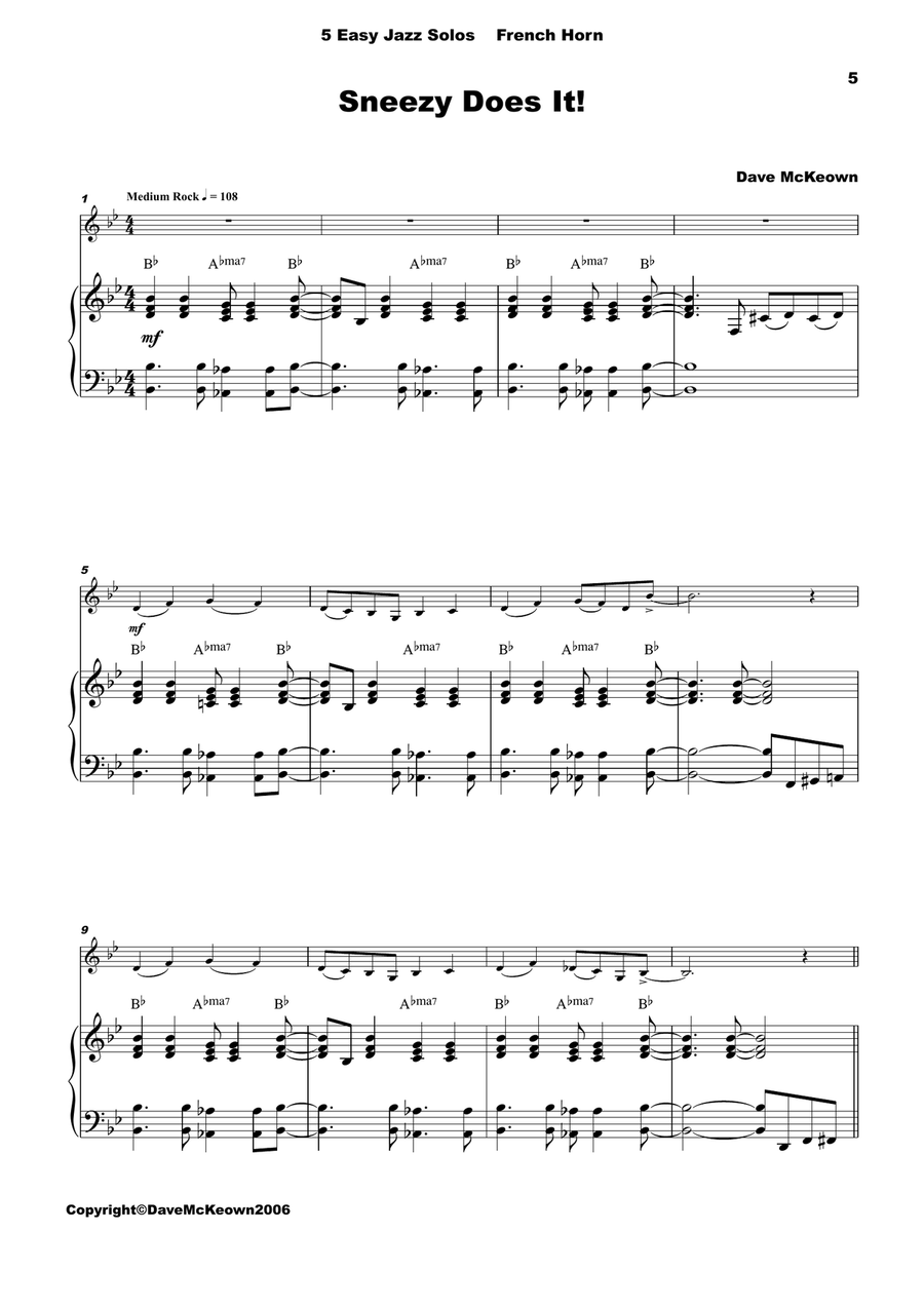 5 Easy Jazz Solos for Horn in F and Piano Piano scores gallery preview page 5