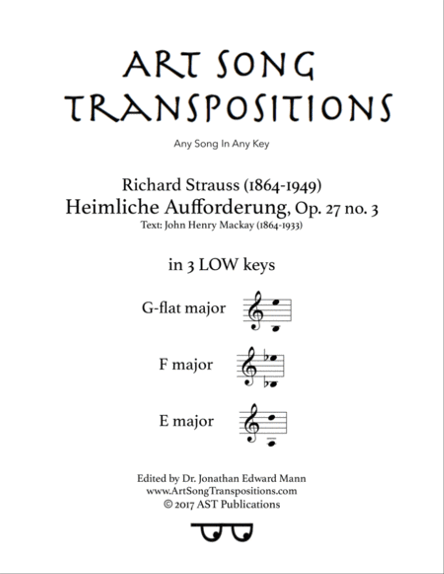 STRAUSS: Heimliche Aufforderung, Op. 27 no. 3 (in 3 low keys: G-flat, F, E major) Voice scores gallery preview page 1