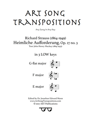 Book cover for STRAUSS: Heimliche Aufforderung, Op. 27 no. 3 (in 3 low keys: G-flat, F, E major)