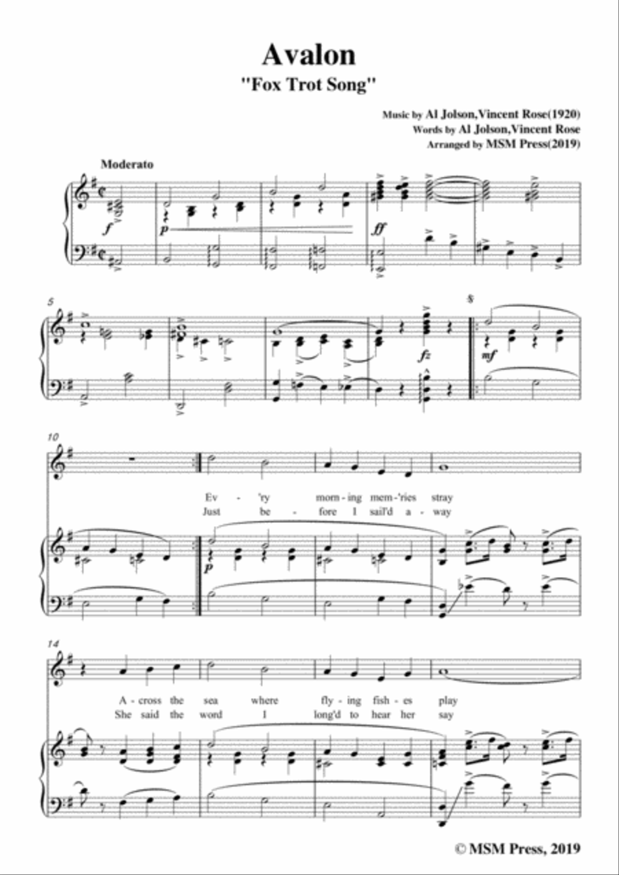 Al Jolson,Vincent Rose-Avalon,in G Major,for Voice and Piano Voice Solo scores gallery preview page 3