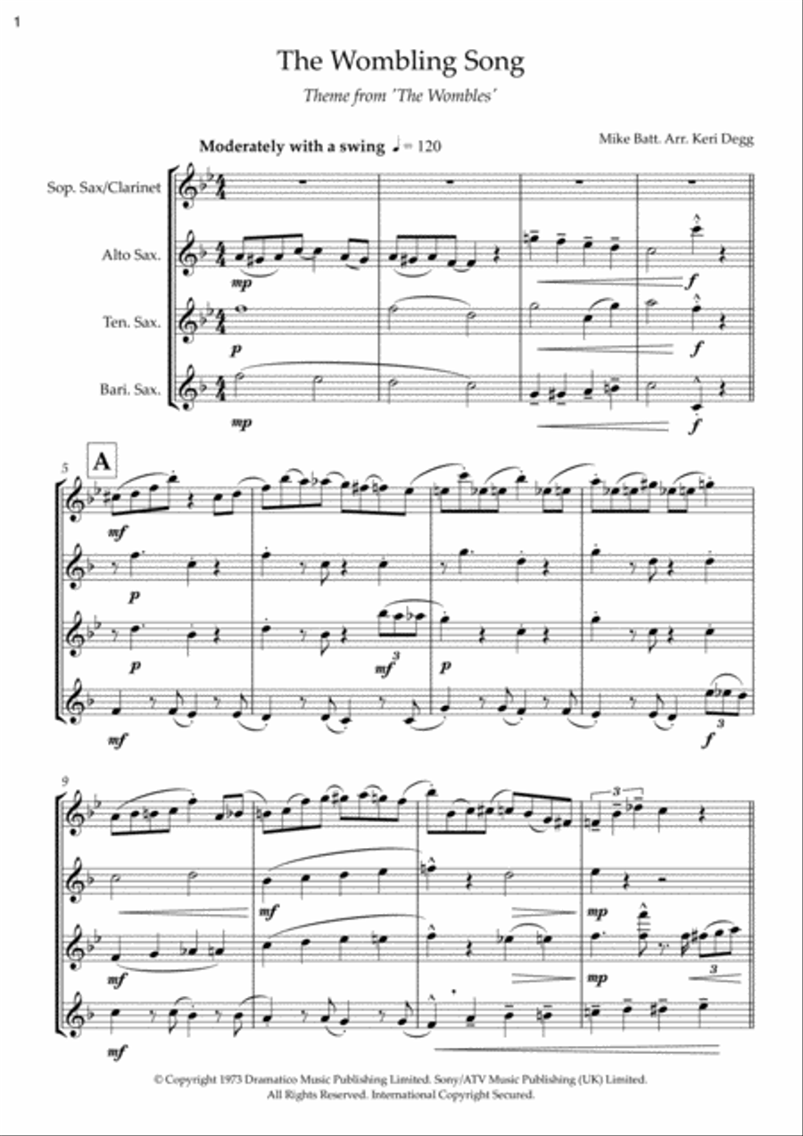 The Wombling Song Saxophone Quartet scores gallery preview page 2