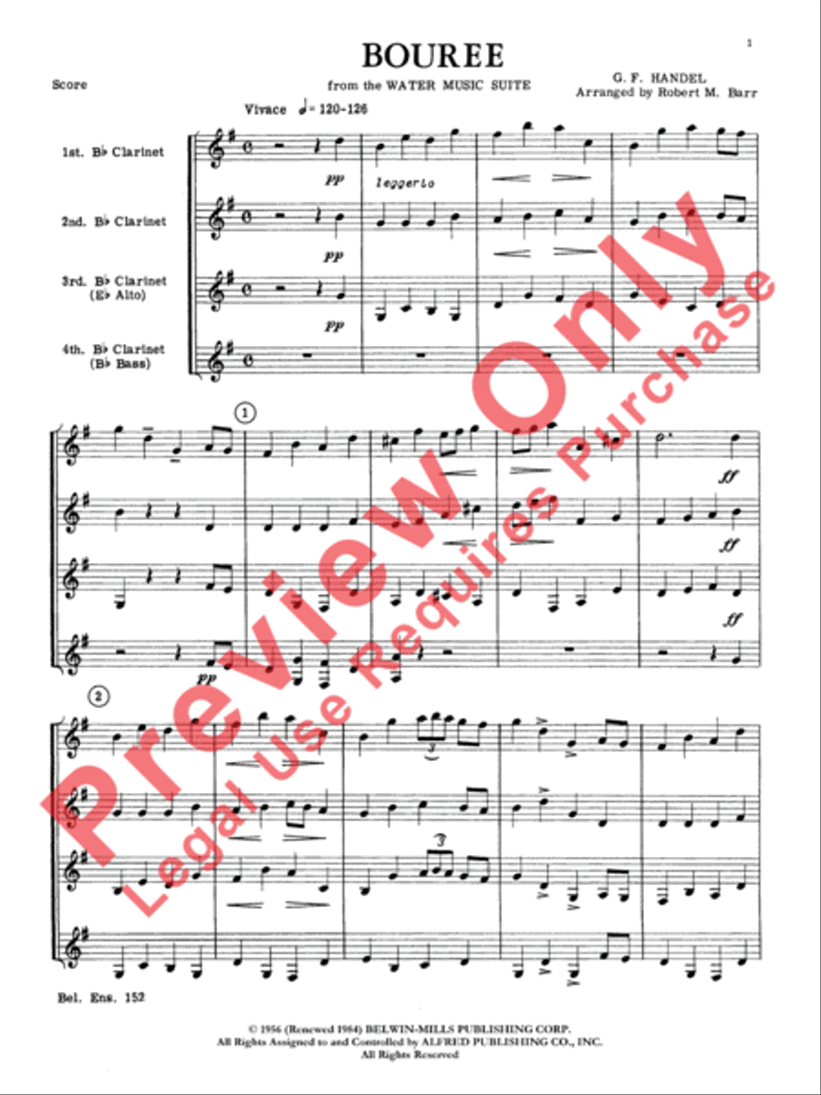 Bouree from the Water Music Suite Clarinet Quartet scores gallery preview page 2