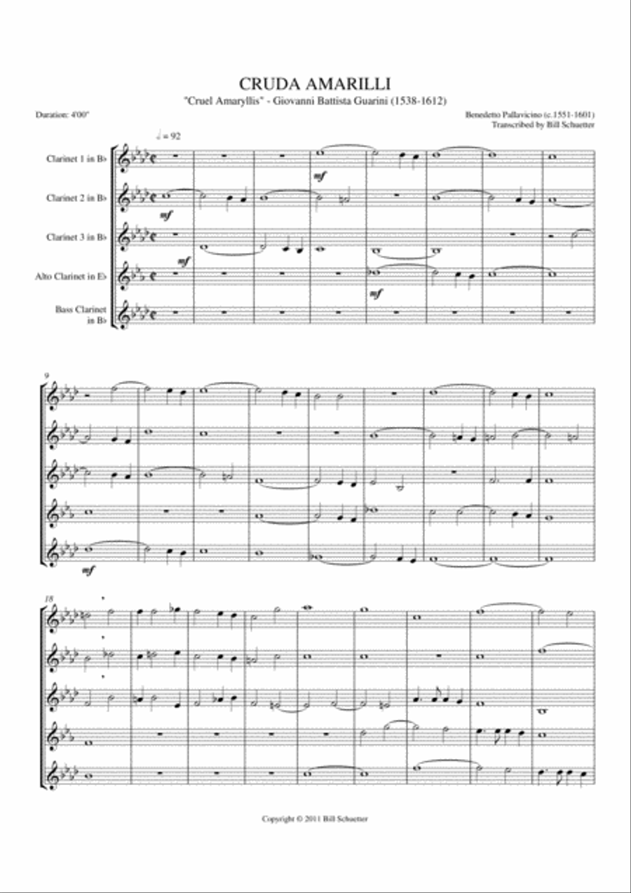 Cruda Amarilli (Cruel Amaryllis) Clarinet Quintet scores gallery preview page 2
