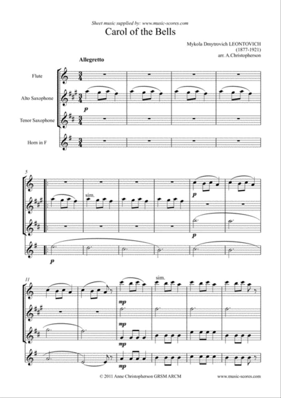 Carol of the Bells Flute Alto Sax Tenor Sax French Horn