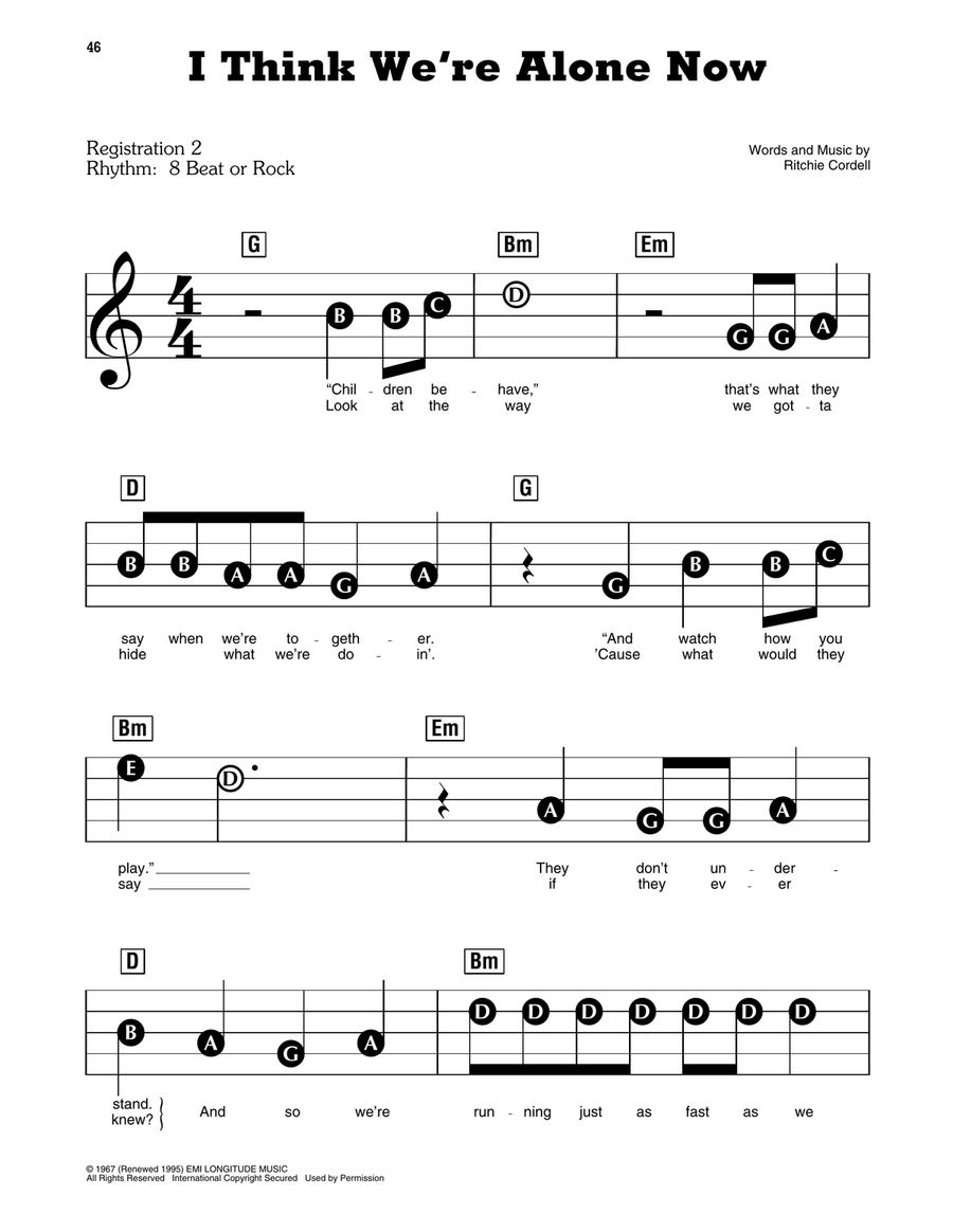 I Think We're Alone Now Electronic Keyboard scores gallery preview page 1