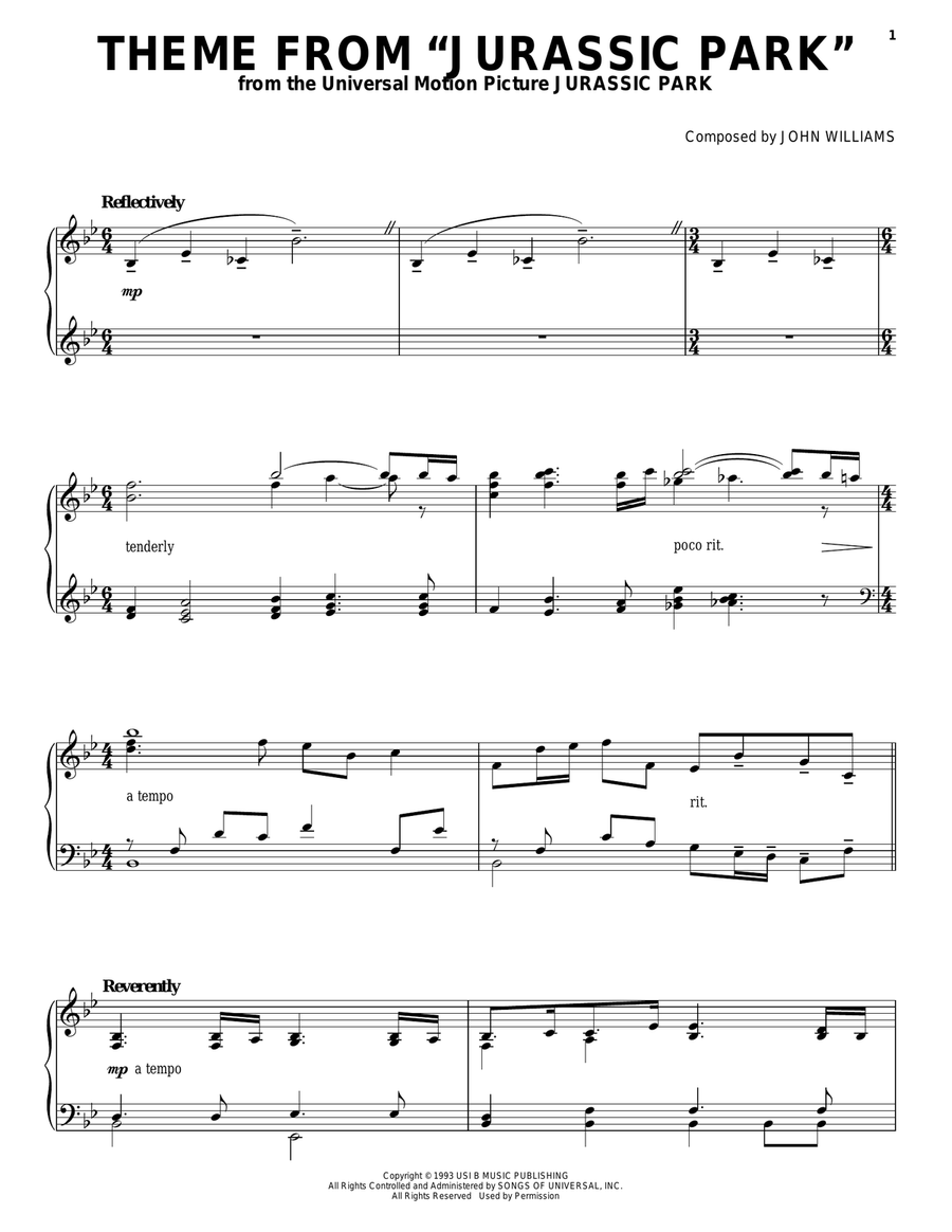 Theme from Jurassic Park Piano Solo scores gallery preview page 1
