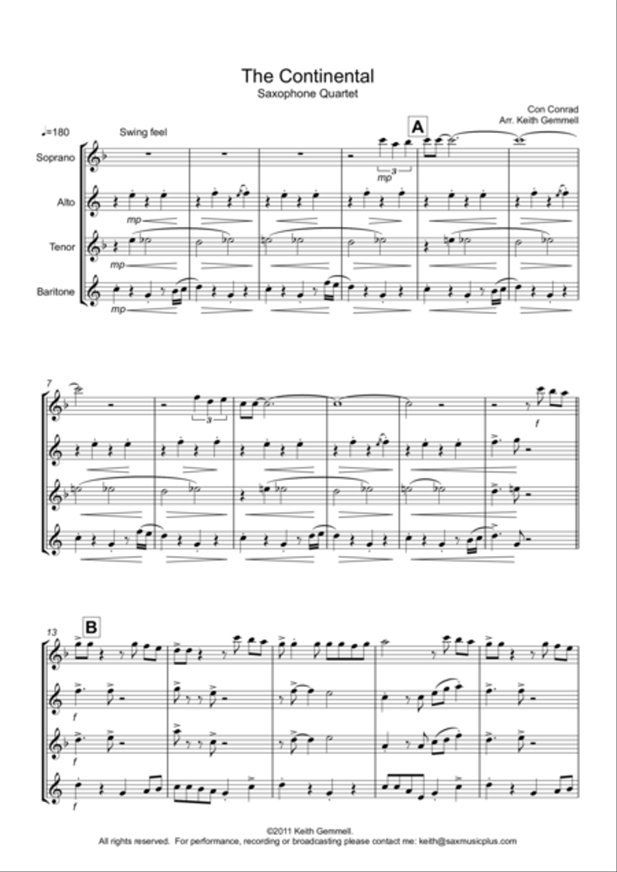The Continental for Saxophone Quartet Saxophone Quartet scores gallery preview page 1