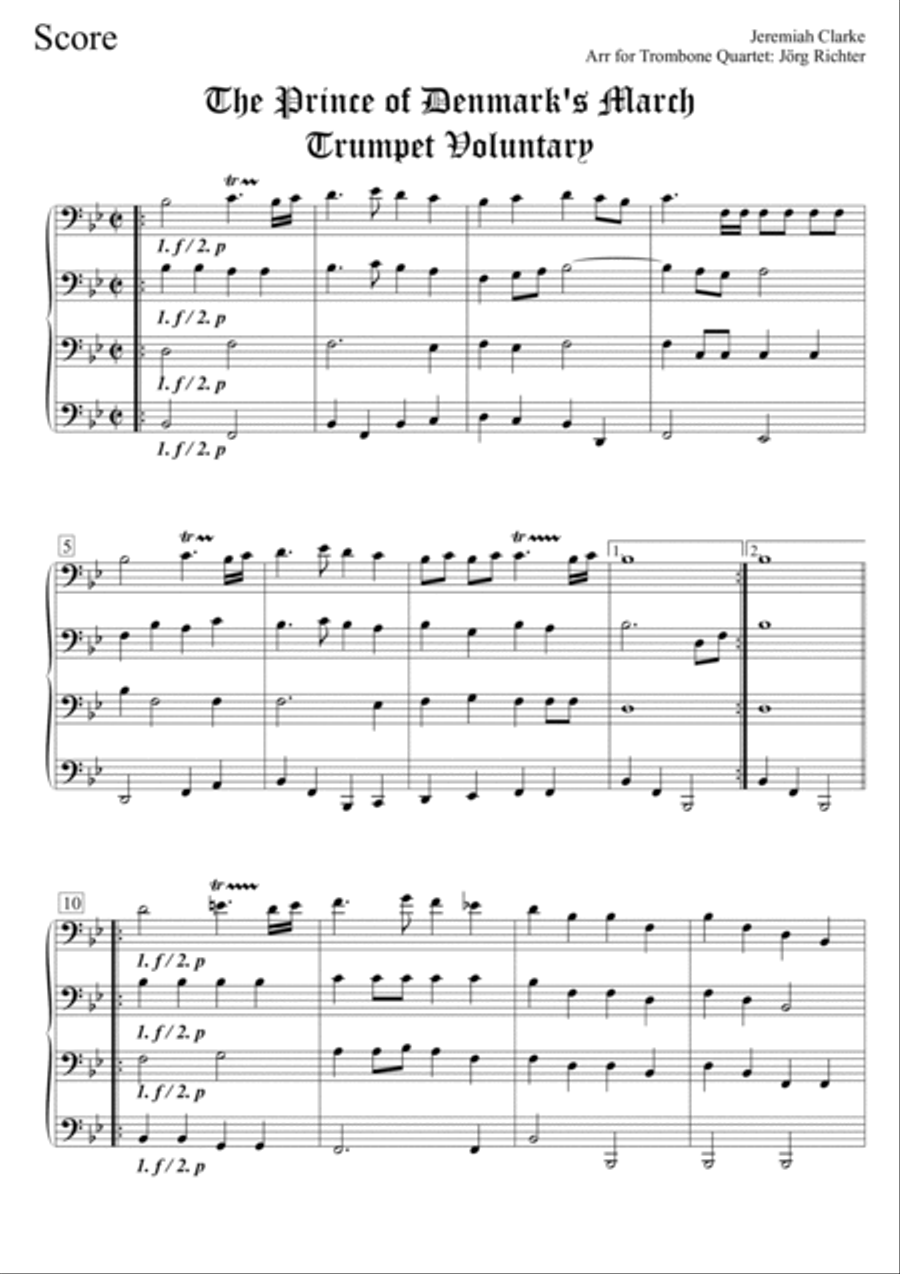 The Prince of Denmark's March (Trumpet Voluntary) for Trombone Quartet (B flat major) Brass Quartet scores gallery preview page 2