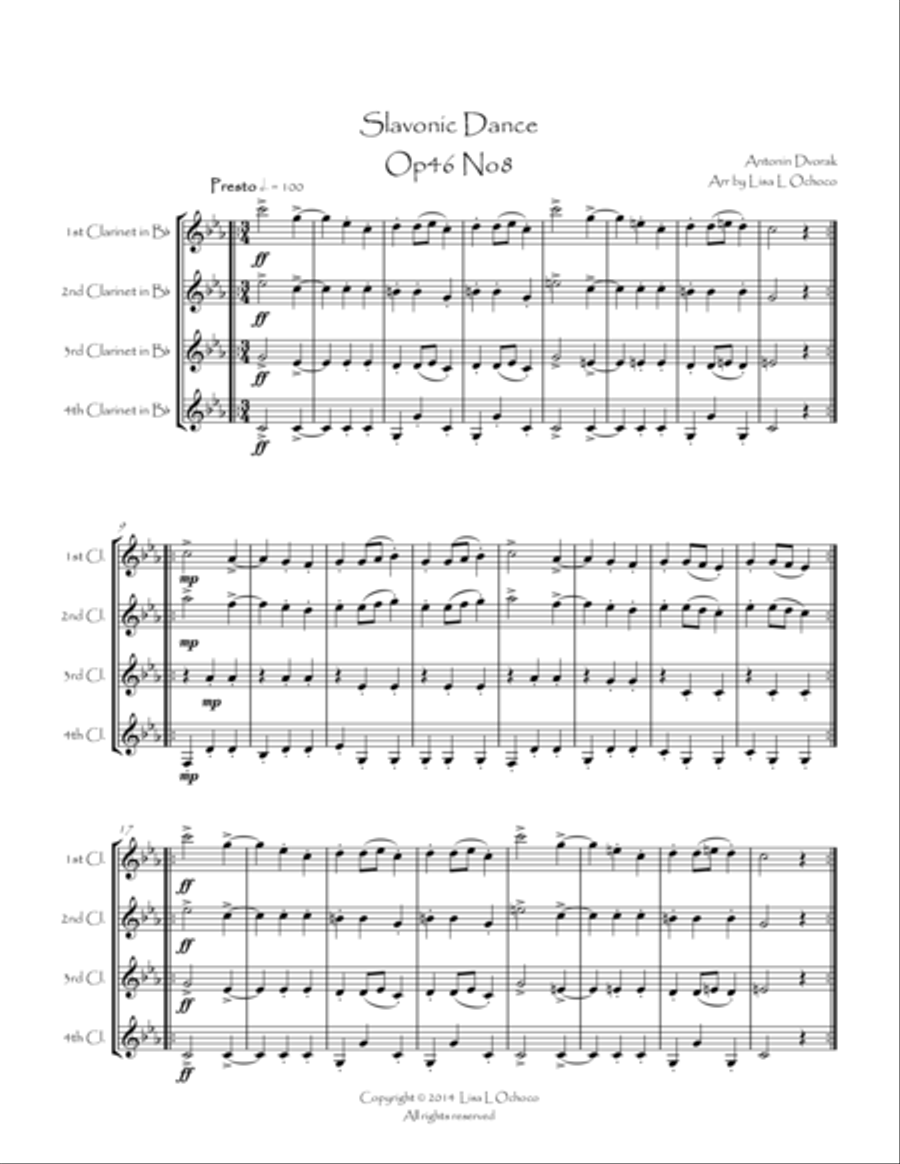 Slavonic Dance Op46 No8 for Clarinet Quartet Clarinet Quartet scores gallery preview page 1