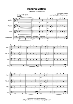 Book cover for Hakuna Matata Theme & Variation - Easy String Quartet - Score