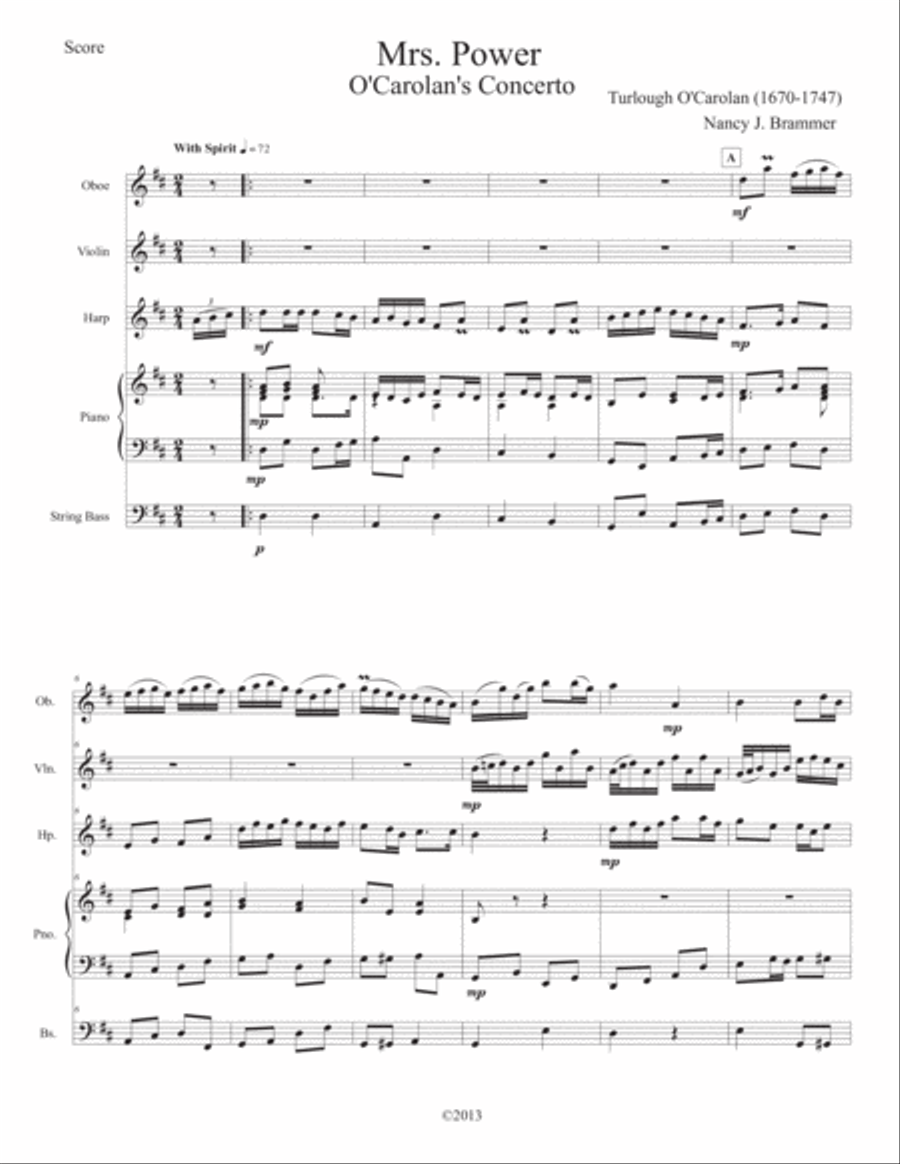 Mrs. Power (O'Carolan's Concerto) for Oboe, Violin, Harp, Piano & Bass Small Ensemble scores gallery preview page 1