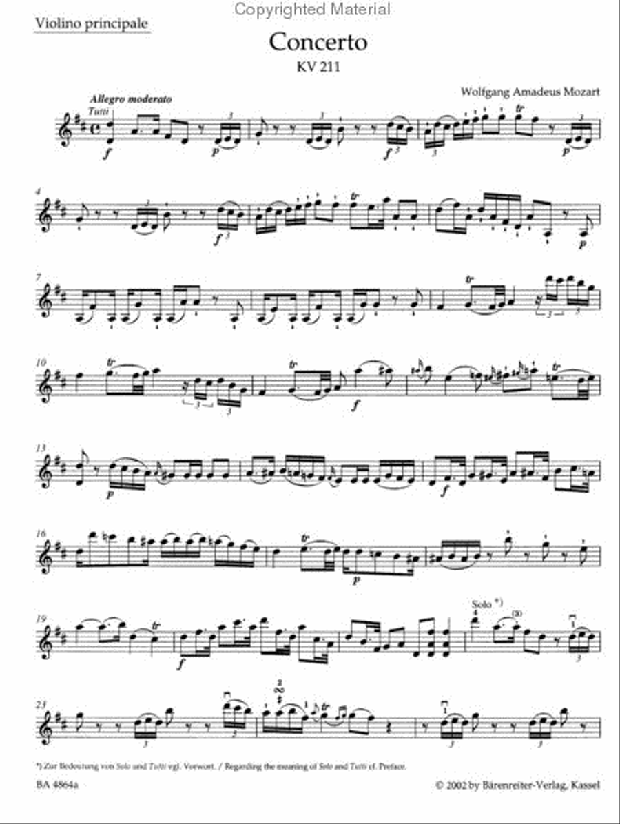 Concerto for Violin and Orchestra, No. 2 D major, KV 211 Violin Solo scores gallery preview page 4