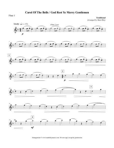 Carol of the Bells / God Rest Ye Merry Gentlemen - 4 Flutes (with 2 optional Alto Flute parts) image number null
