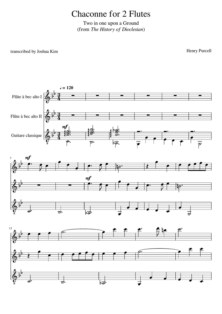 Chaconne for 2 flutes and guitar (Z.627) Small Ensemble scores gallery preview page 1