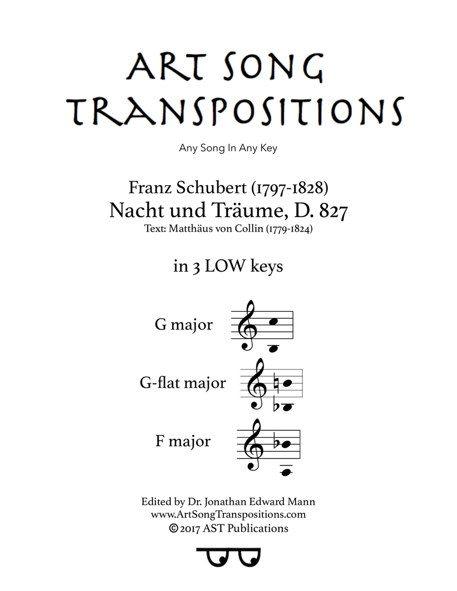SCHUBERT: Nacht und Träume, D. 827 (in 3 low keys: G, G-flat, F major) Piano, Vocal scores gallery preview page 1
