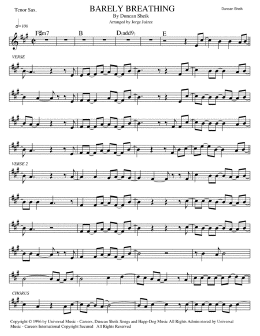Barely Breathing Tenor Saxophone scores gallery preview page 1