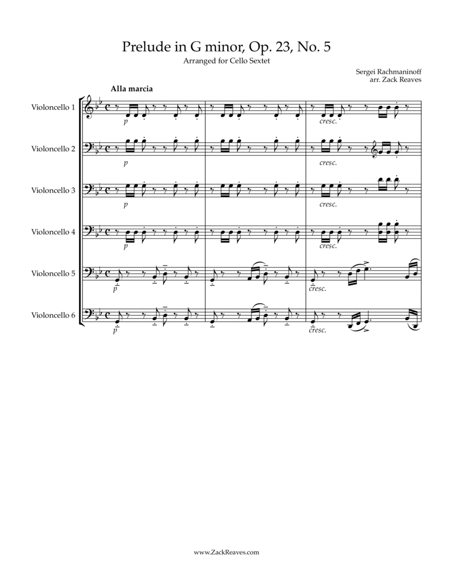 Rachmaninoff - Prelude in G minor, Op. 23 No. 5 (Arranged for 6 Cellos) Cello Solo scores gallery preview page 1