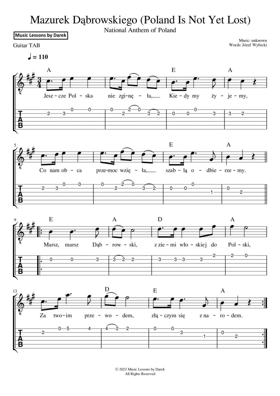 Mazurek Dabrowskiego (National Anthem of Poland) [GUITAR TAB] Guitar Tablature scores gallery preview page 1
