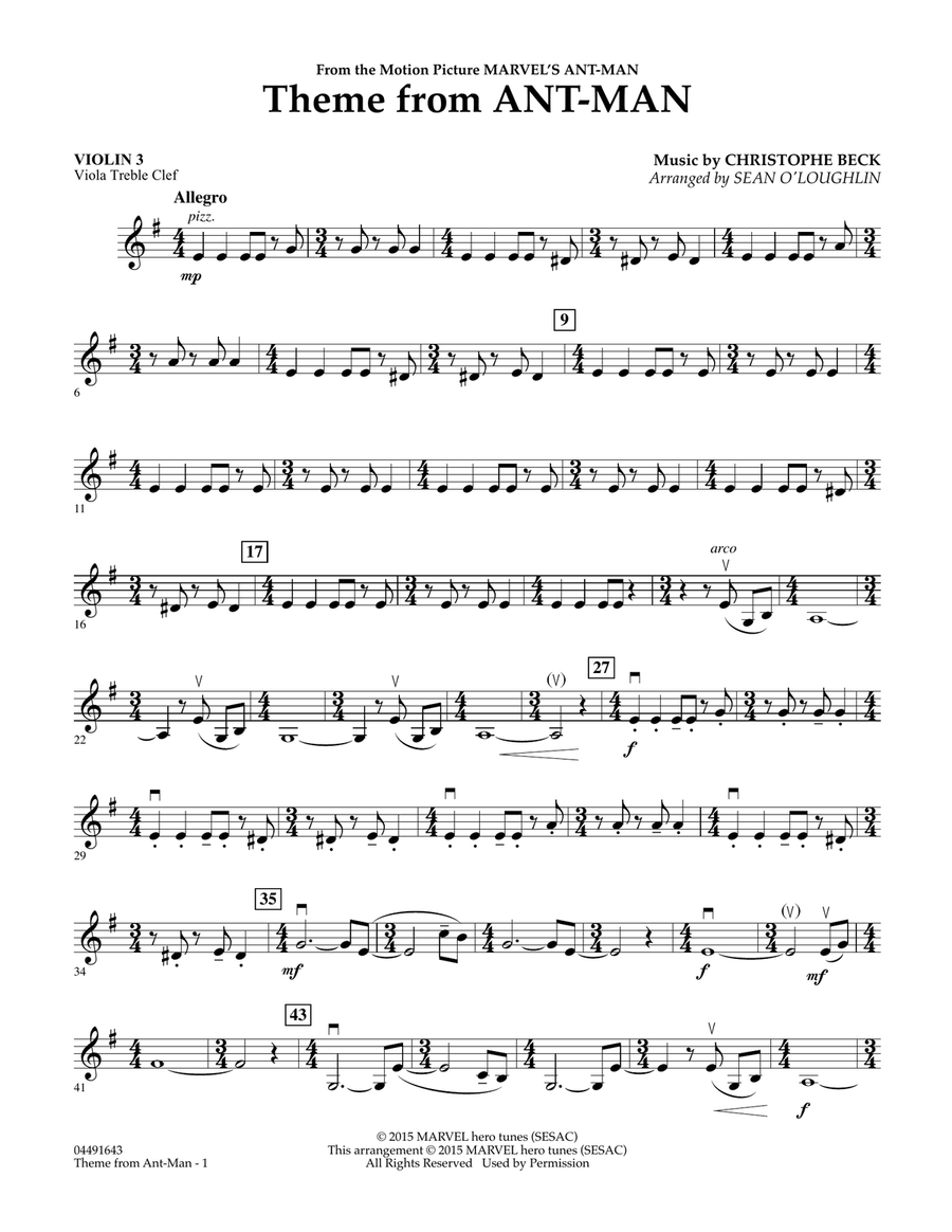 Theme from Ant-Man - Violin 3 (Viola Treble Clef) Orchestra scores gallery preview page 1
