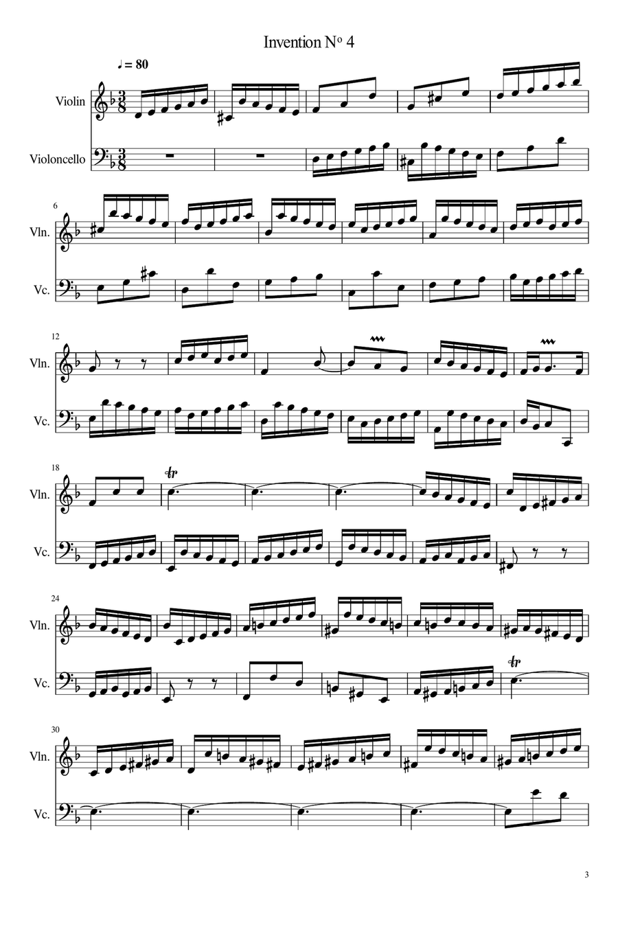 Three 2-part Inventions by Bach, arranged for violin and cello String Duet scores gallery preview page 5