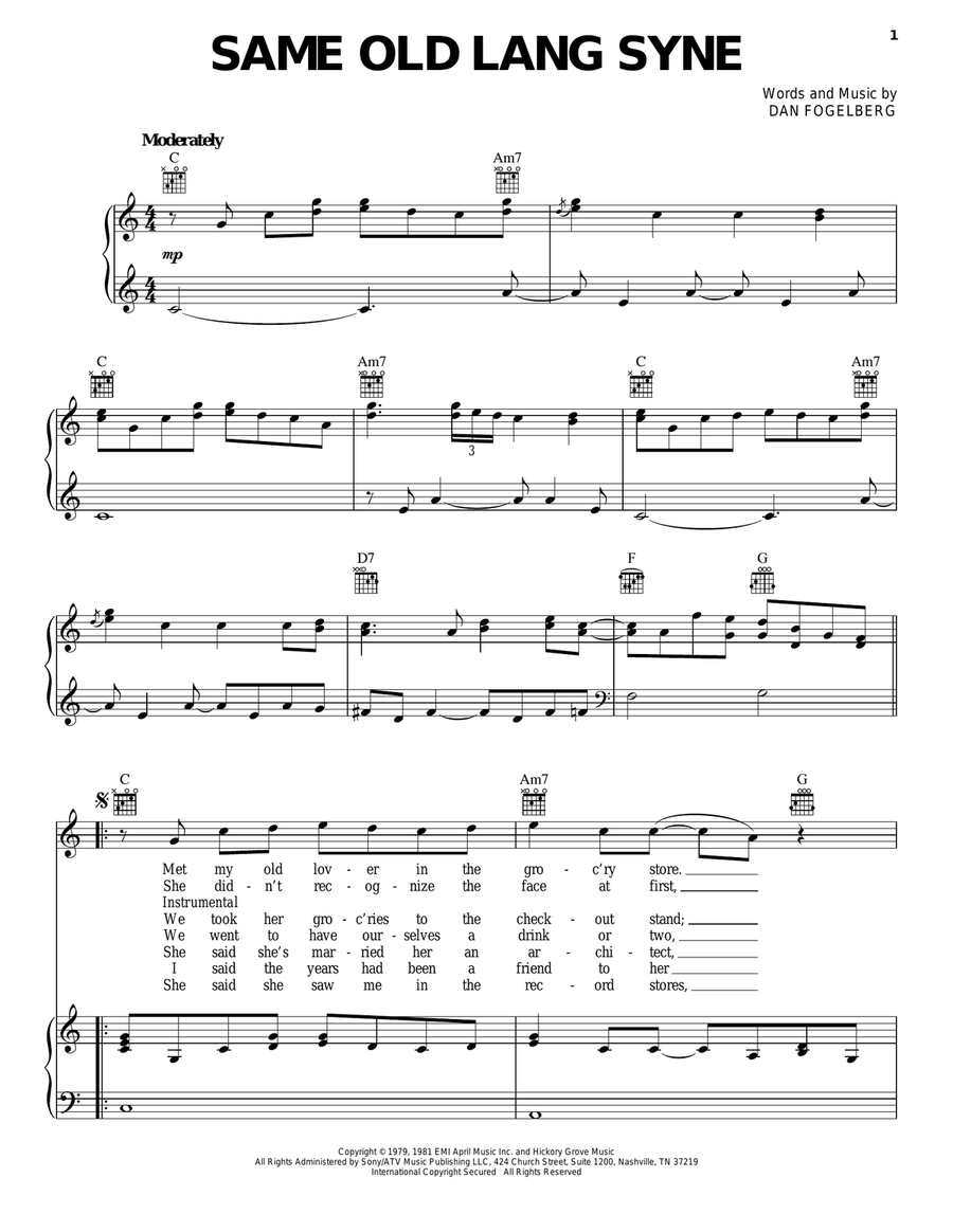 Same Old Lang Syne Piano, Vocal, Guitar scores gallery preview page 1