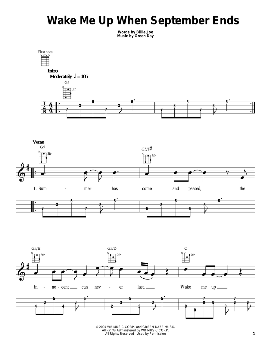Wake Me Up When September Ends Ukulele scores gallery preview page 1