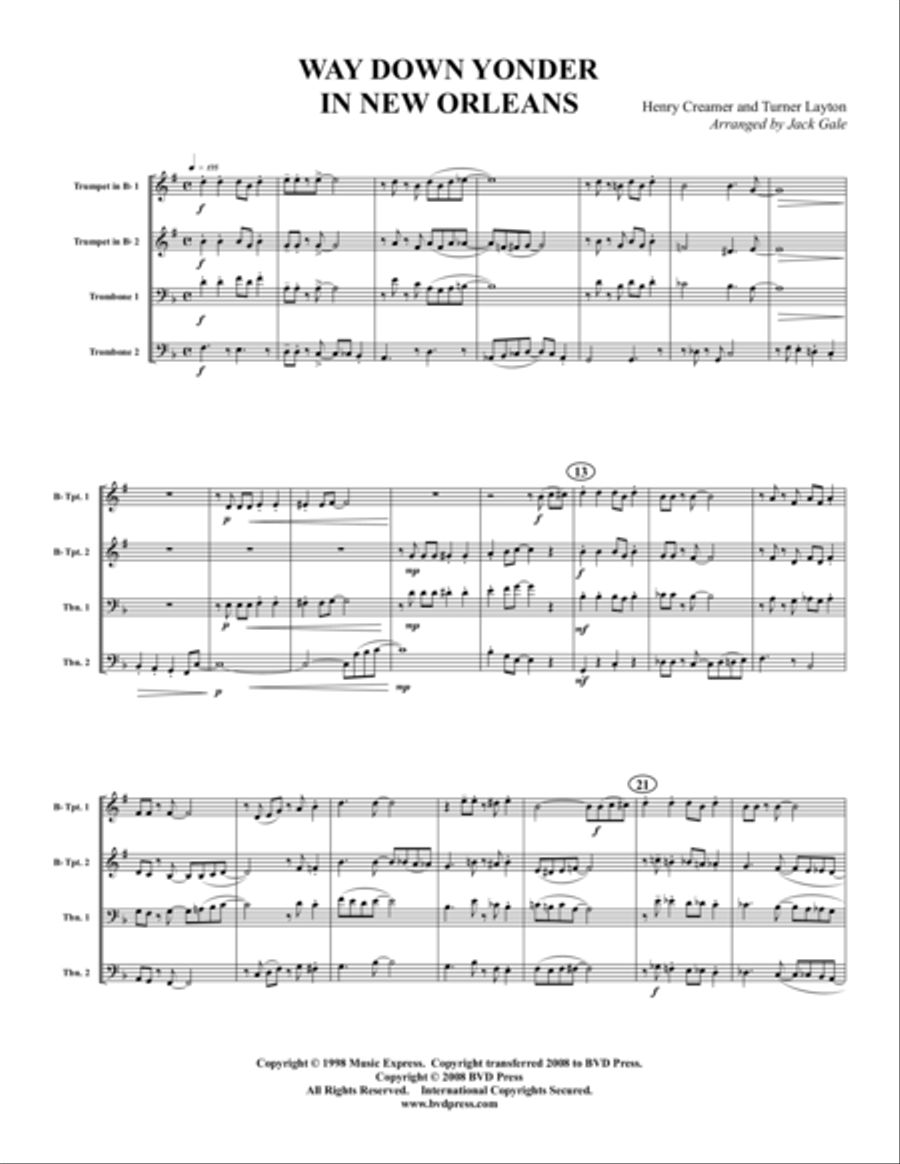 Way Down Yonder in New Orleans Brass Quartet scores gallery preview page 1