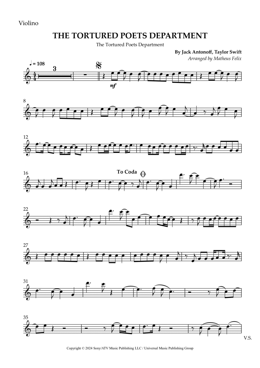 The Tortured Poets Department Violin Solo scores gallery preview page 1