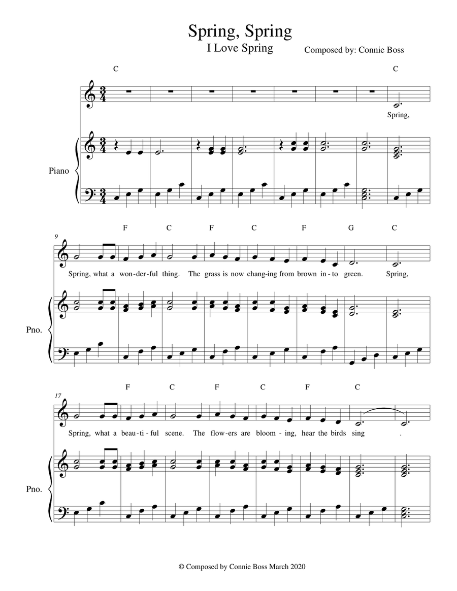 Spring, Spring - I Love Spring - Kid's song Piano, Vocal scores gallery preview page 1