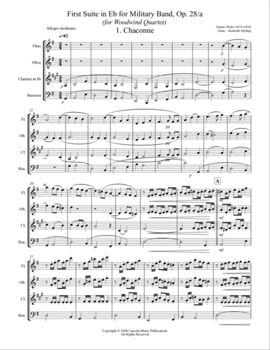 Holst - First Suite for Military Band in Eb (for Woodwind Quartet) Woodwind Quartet scores gallery preview page 2