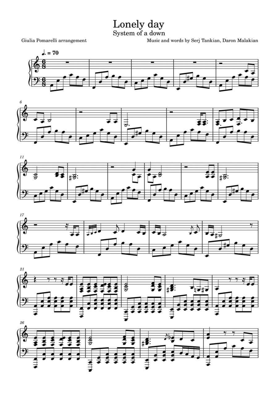Lonely Day Lonely Day Piano Solo scores gallery preview page 1