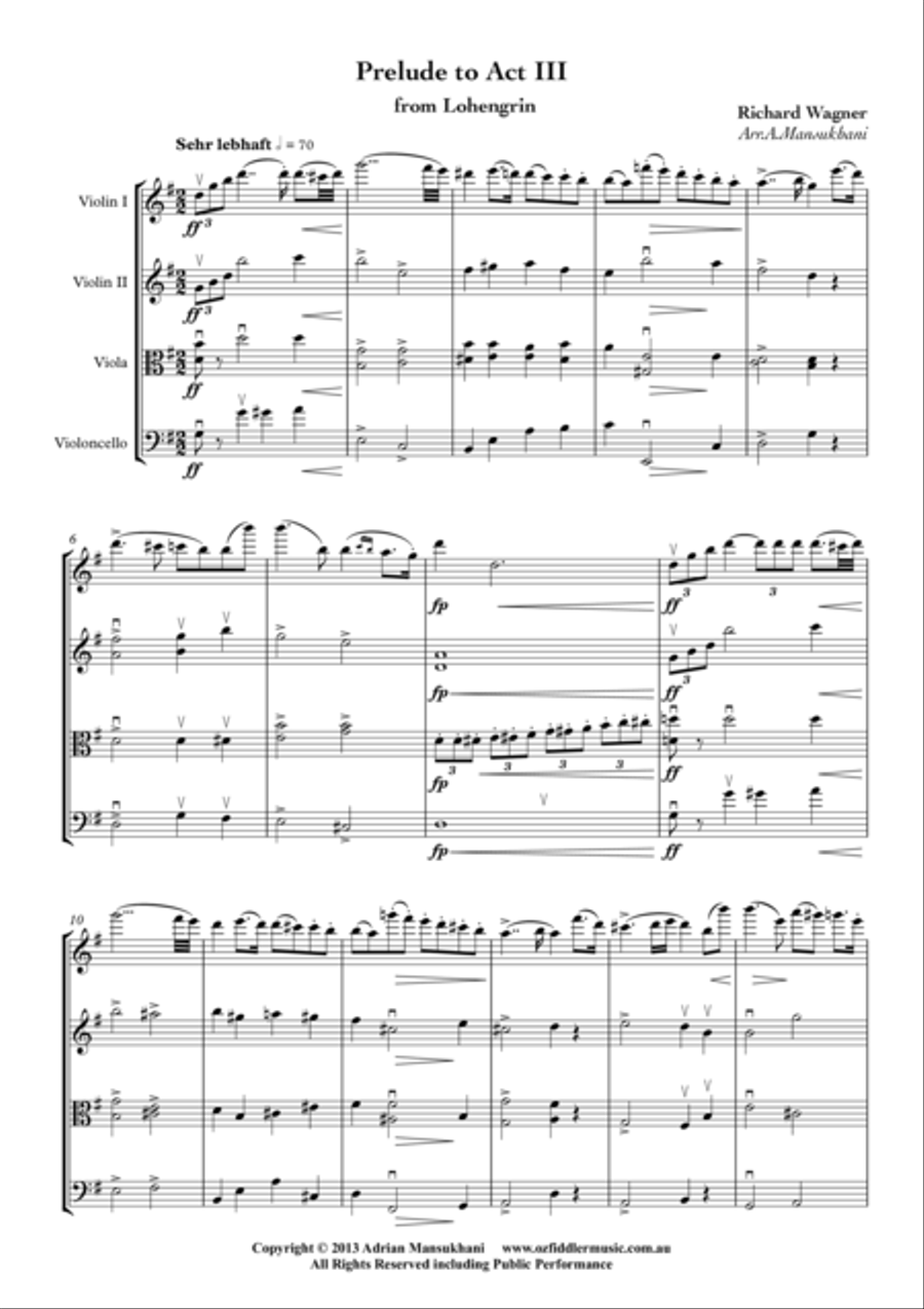 Prelude to Act III from Lohengrin, arranged for String Quartet String Quartet scores gallery preview page 1