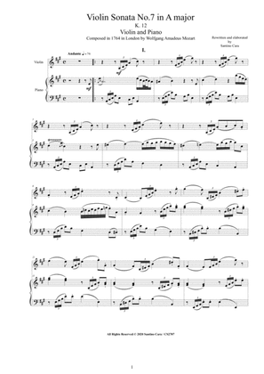Book cover for Mozart - Violin Sonata No.7 in A major K 12 for Violin and Piano - Score and Part