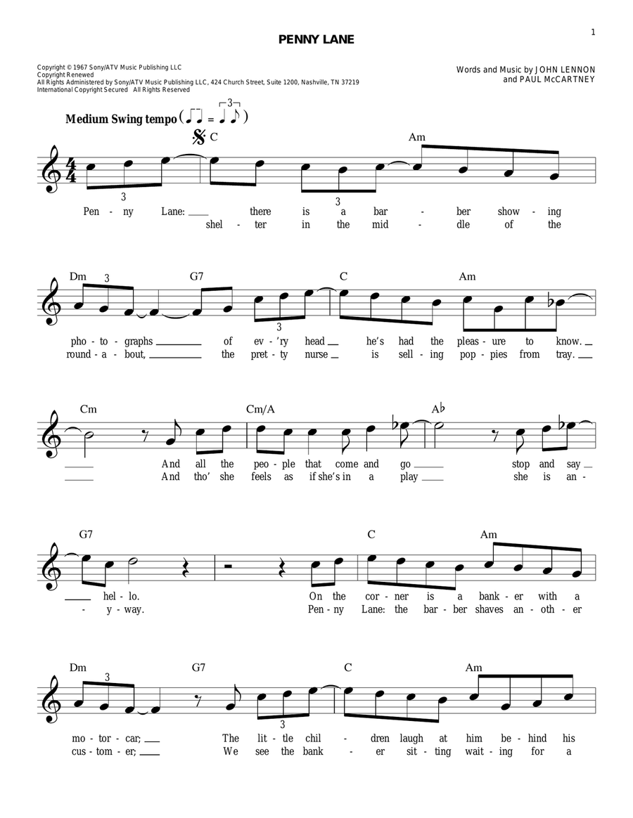 Penny Lane Penny Lane Piano scores gallery preview page 1
