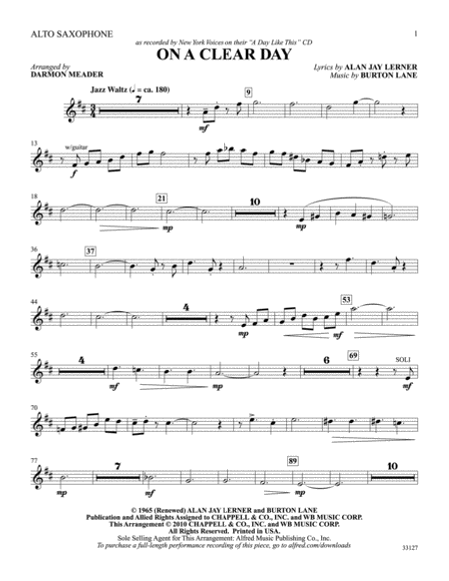 On a Clear Day: E-flat Alto Saxophone Alto Saxophone scores gallery preview page 1