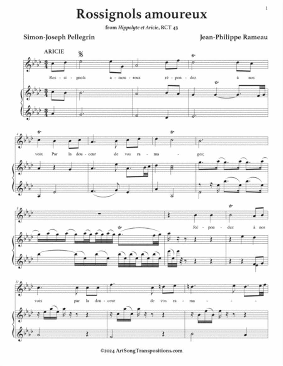 RAMEAU: Rossignols amoureux (transposed to A-flat major) Piano, Vocal scores gallery preview page 2