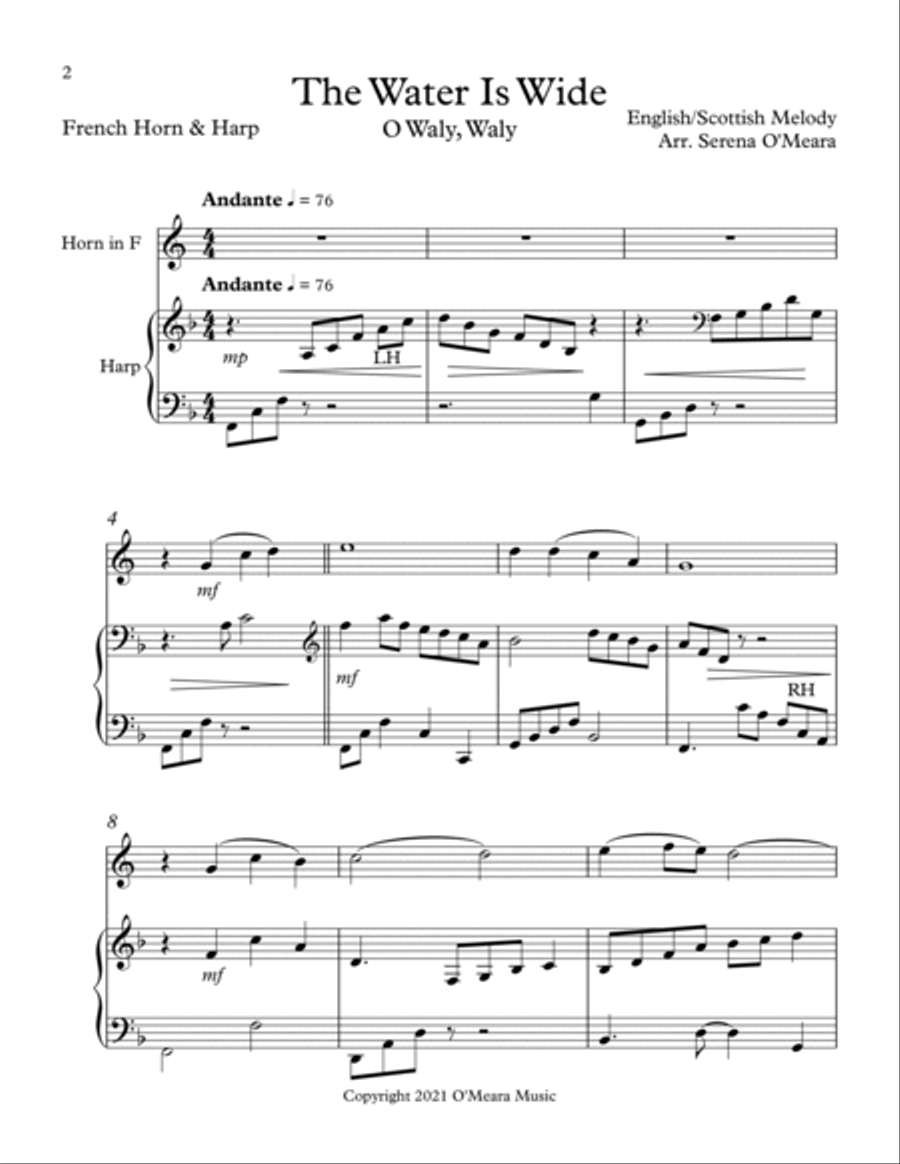 The Water Is Wide (O Waly, Waly), Duet for French Horn & Harp Horn scores gallery preview page 2