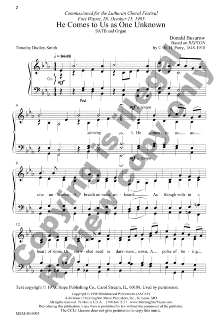 He Comes to Us as One Unknown 4-Part scores gallery preview page 2