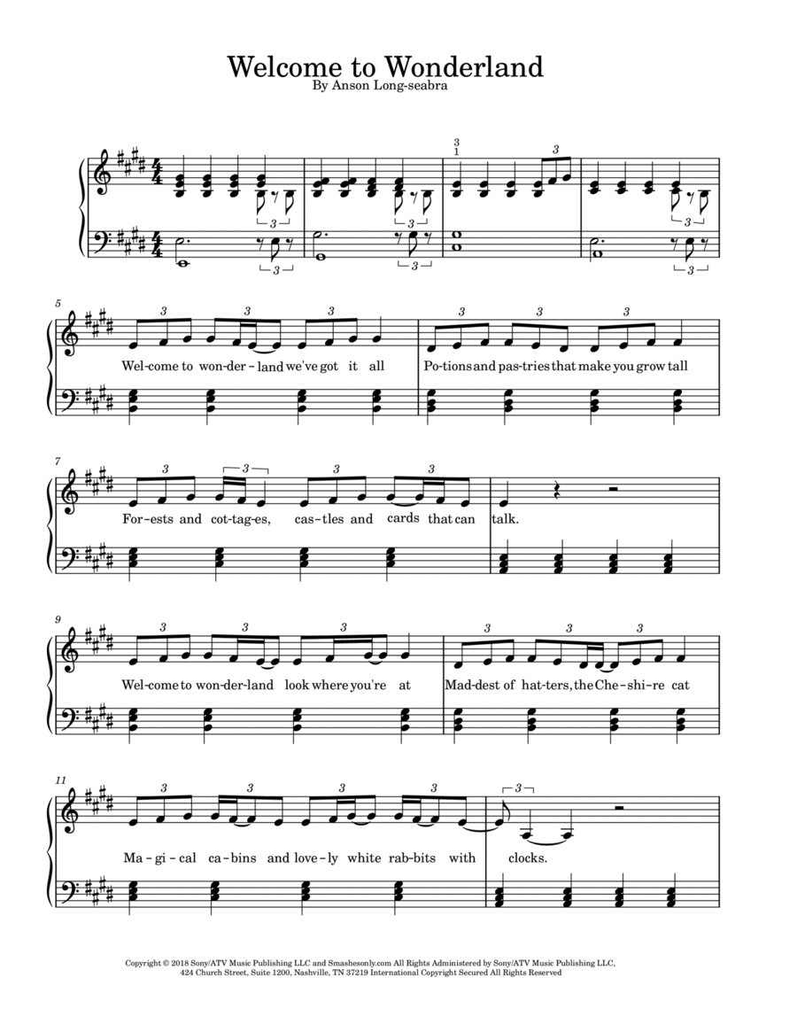 Welcome To Wonderland Piano Solo scores gallery preview page 1