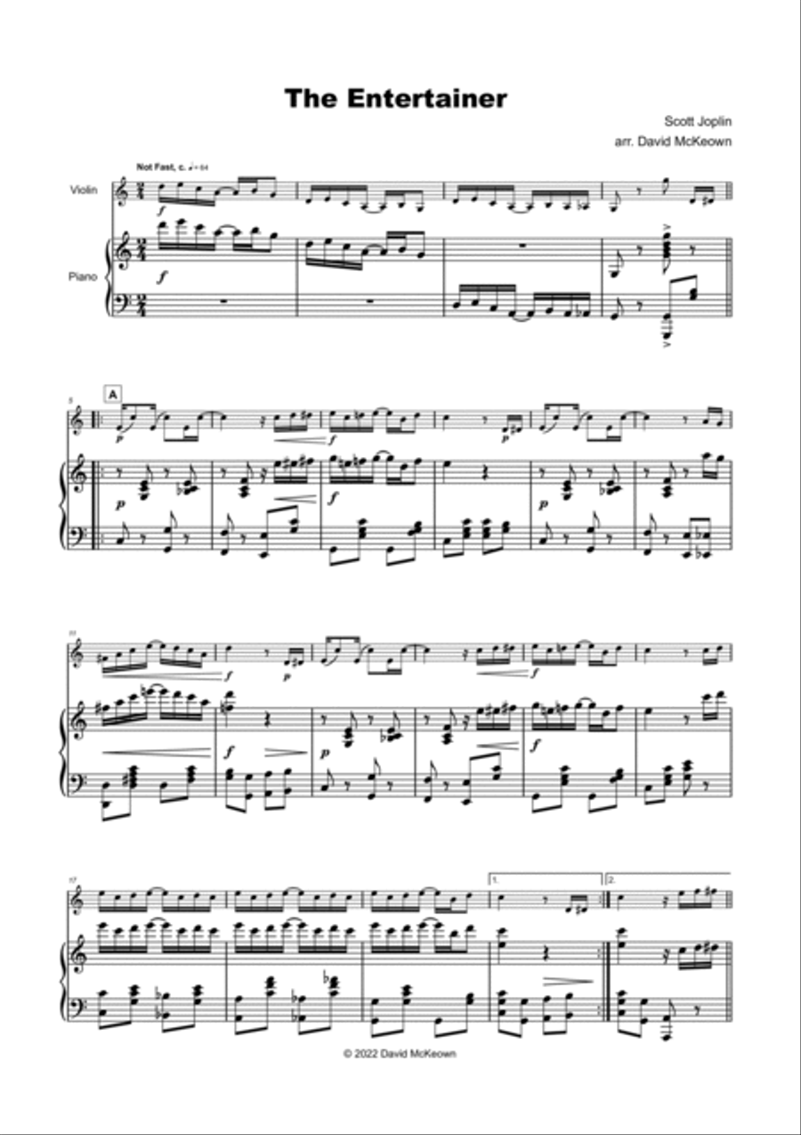 The Entertainer by Scott Joplin, for Violin and Piano