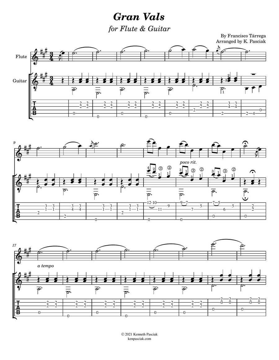 Gran Vals (for Flute and Guitar) Chamber Music scores gallery preview page 3