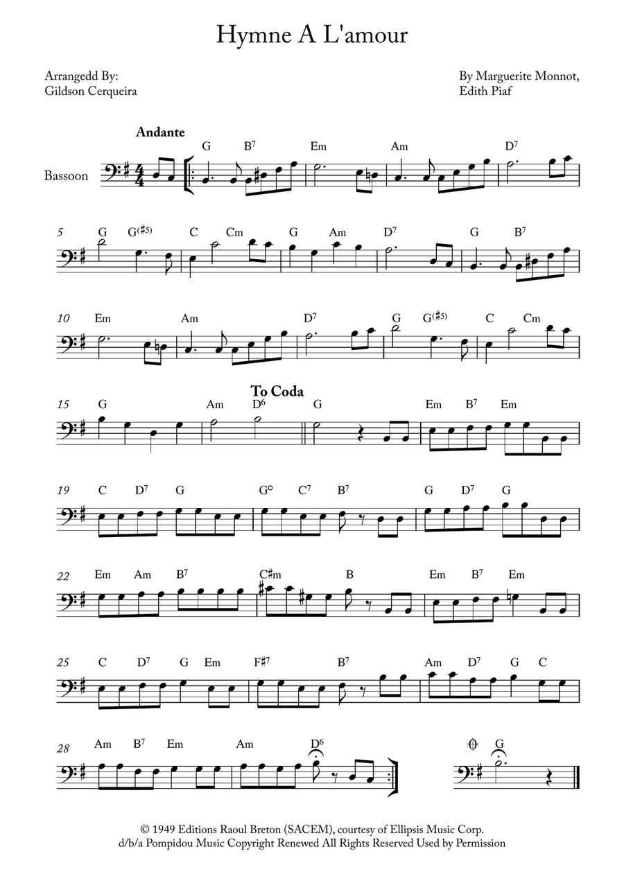 Hymne A L'amour Bassoon Solo scores gallery preview page 1