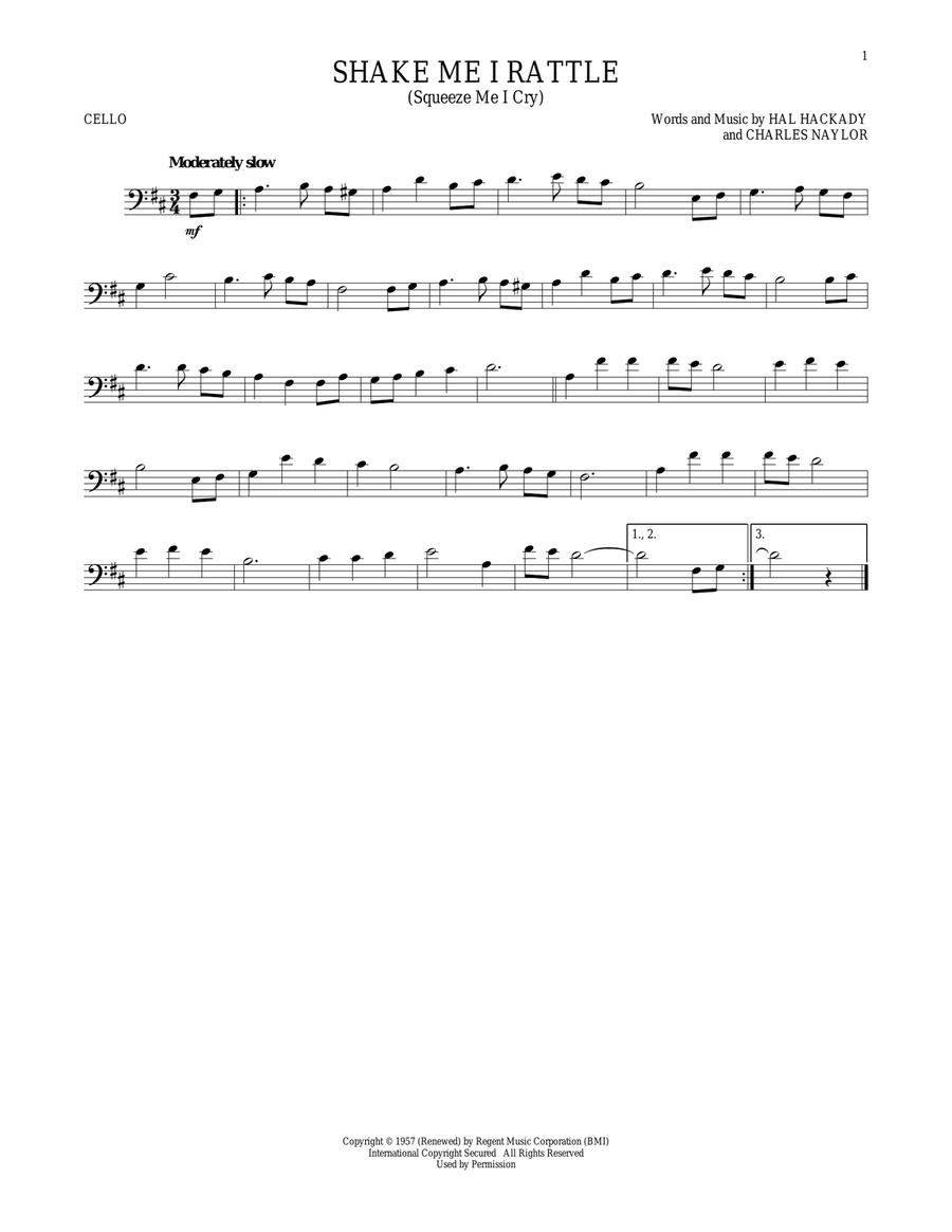 Shake Me I Rattle (Squeeze Me I Cry) Cello Solo scores gallery preview page 1