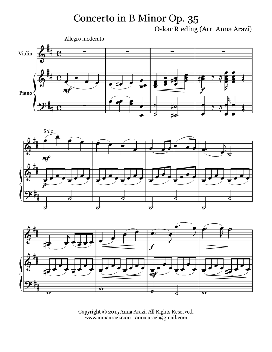 O. Rieding (arr. Anna Arazi) Concerto for Violin and Piano in B Minor Op. 35 FIRST MOVEMENT Violin Solo scores gallery preview page 2